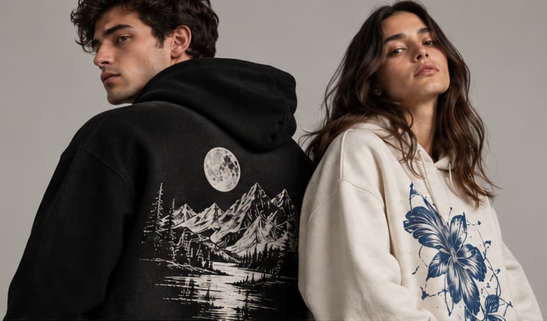 Two models wearing graphic hoodies
